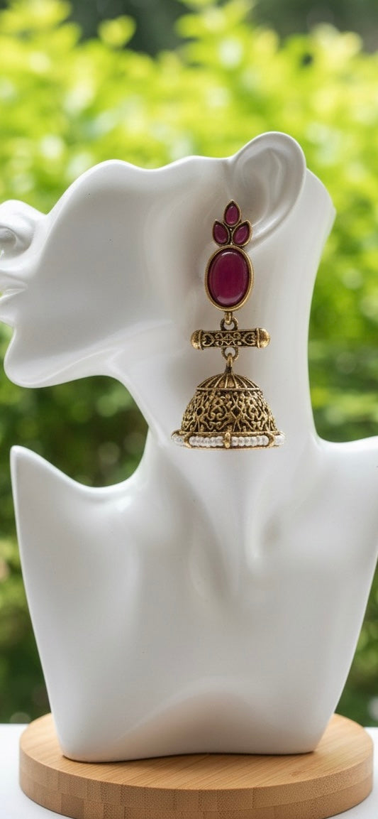 Antique Black Gold Finish Jhumka with Pink and Pearl detailing
