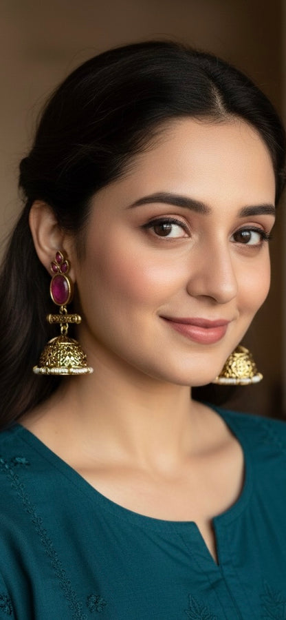 Antique Black Gold Finish Jhumka with Pink and Pearl detailing