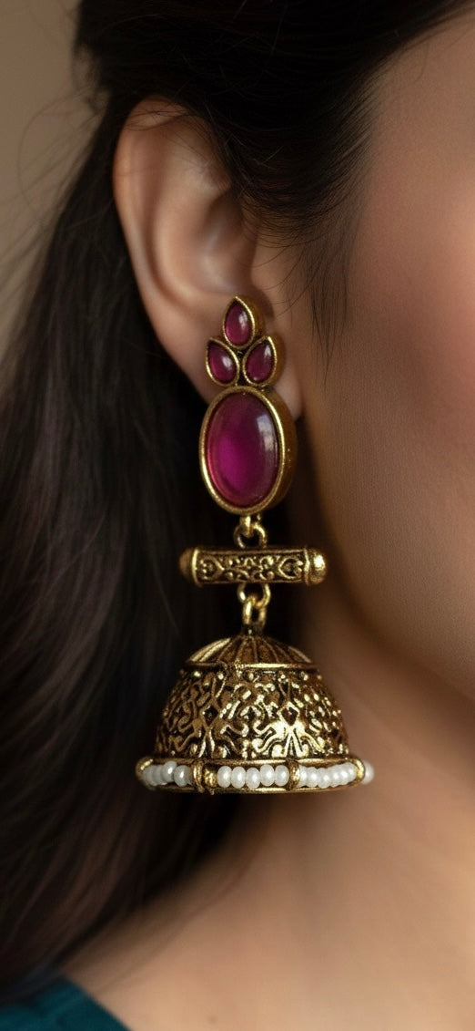 Antique Black Gold Finish Jhumka with Pink and Pearl detailing