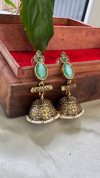 Antique Black Gold Finish Jhumka with Aqua Green and Pearl detailing