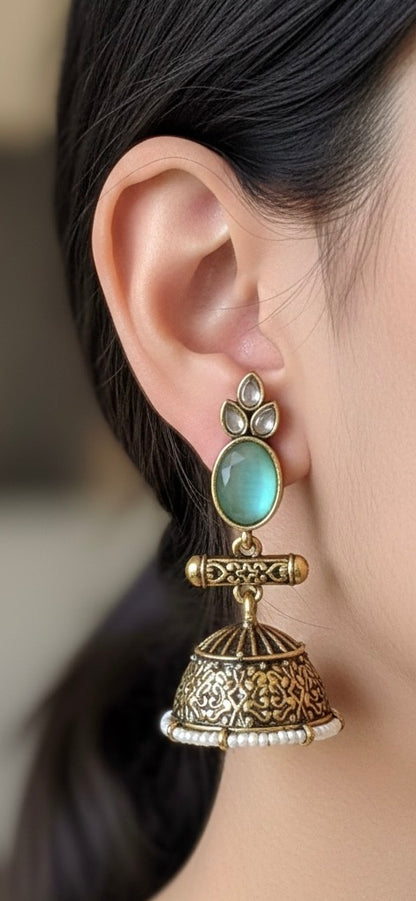 Antique Black Gold Finish Jhumka with Aqua Green and Pearl detailing