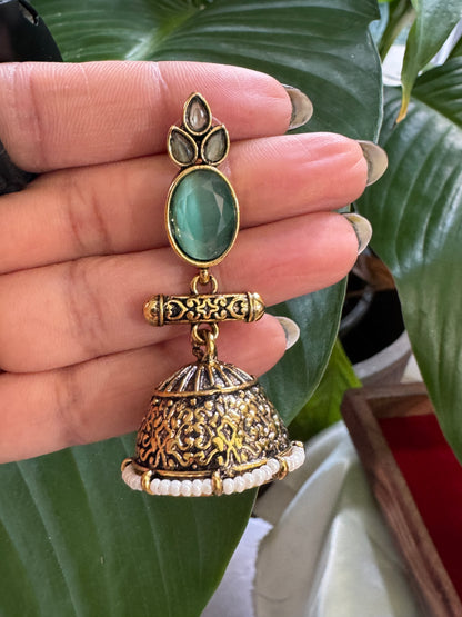 Antique Black Gold Finish Jhumka with Aqua Green and Pearl detailing