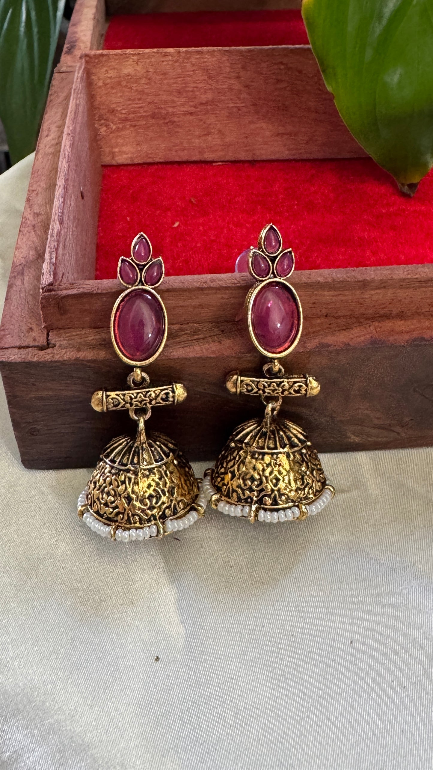 Antique Black Gold Finish Jhumka with Pink and Pearl detailing
