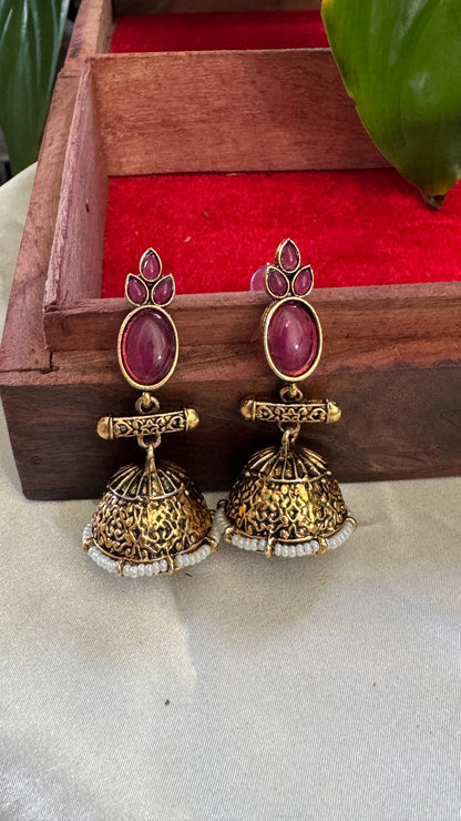 Antique Black Gold Finish Jhumka with Pink and Pearl detailing