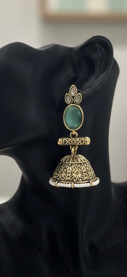 Antique Black Gold Finish Jhumka with Aqua Green and Pearl detailing