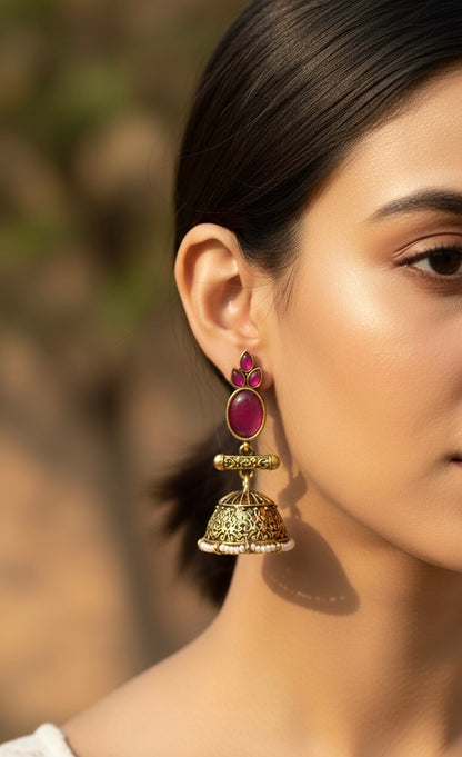 Antique Black Gold Finish Jhumka with Pink and Pearl detailing