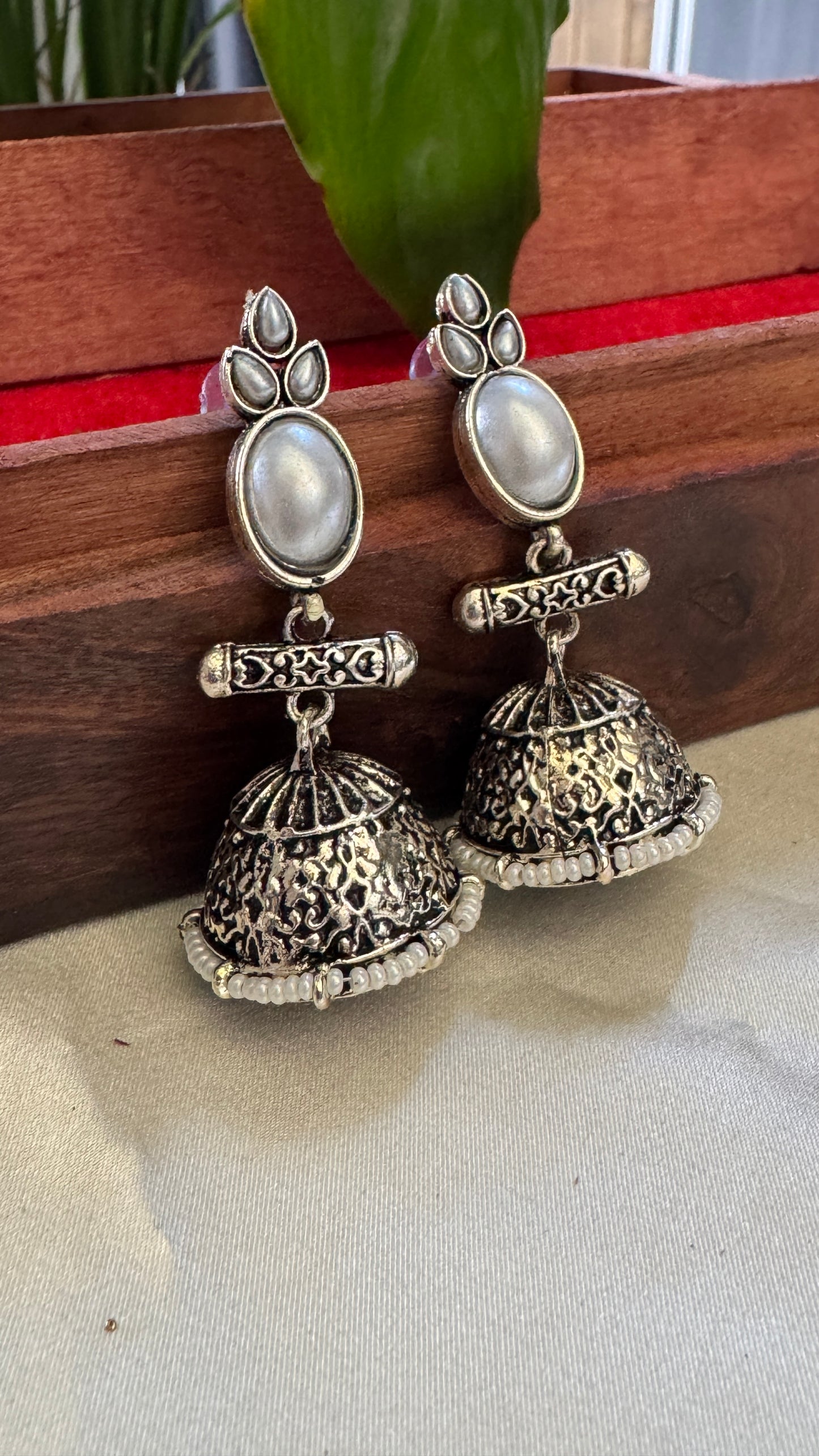 Antique Black Silver Finish Jhumka with Pearl detailing