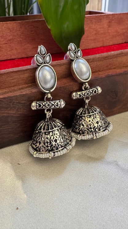 Antique Black Silver Finish Jhumka with Pearl detailing