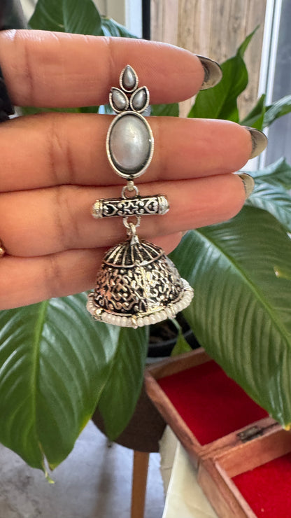 Antique Black Silver Finish Jhumka with Pearl detailing