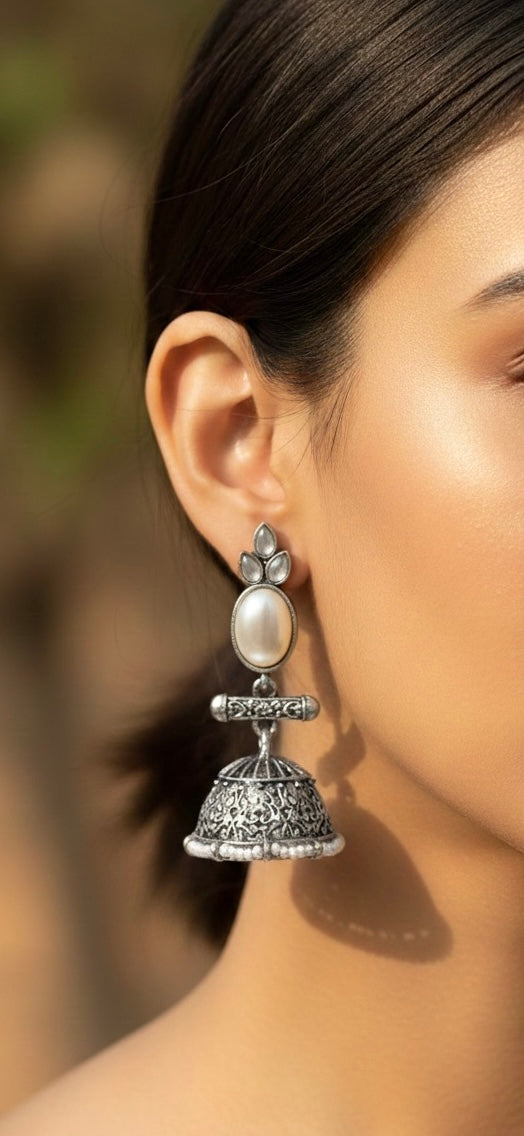 Antique Black Silver Finish Jhumka with Pearl detailing