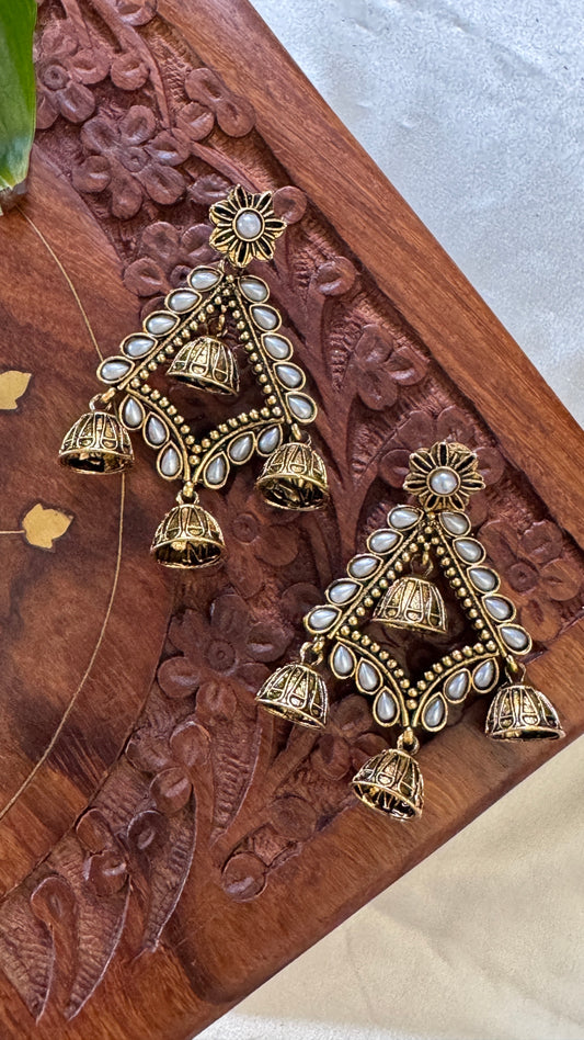 Gorgeous Designer Hangings Set - Gold with Jhumka drops - Pearl