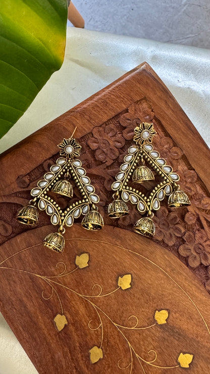 Gorgeous Designer Hangings Set - Gold with Jhumka drops - Pearl