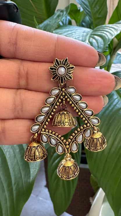 Gorgeous Designer Hangings Set - Gold with Jhumka drops - Pearl