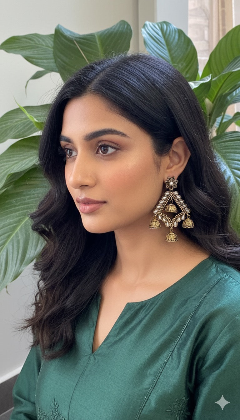 Gorgeous Designer Hangings Set - Gold with Jhumka drops - Pearl