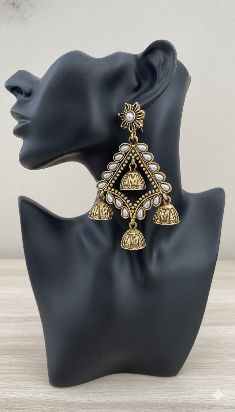 Gorgeous Designer Hangings Set - Gold with Jhumka drops - Pearl