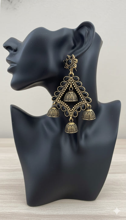 Gorgeous Designer Hangings Set - Gold with Jhumka drops - Black