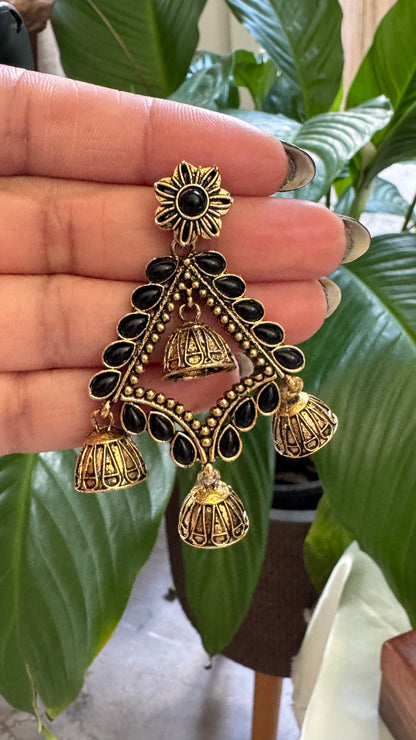 Gorgeous Designer Hangings Set - Gold with Jhumka drops - Black