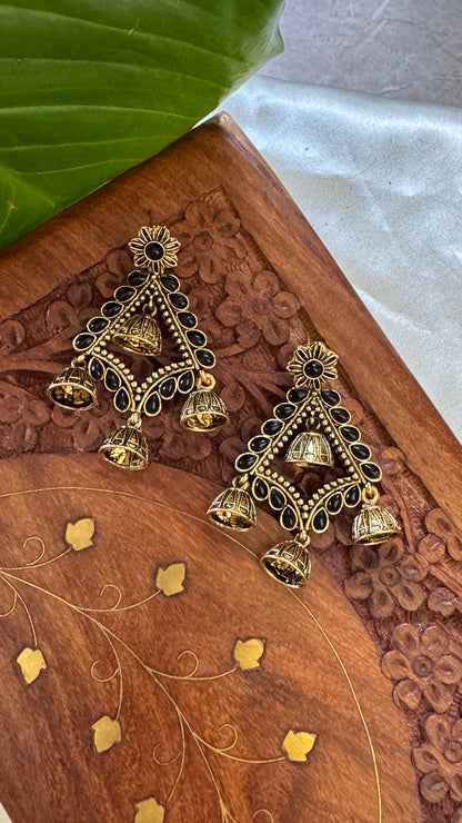 Gorgeous Designer Hangings Set - Gold with Jhumka drops - Black