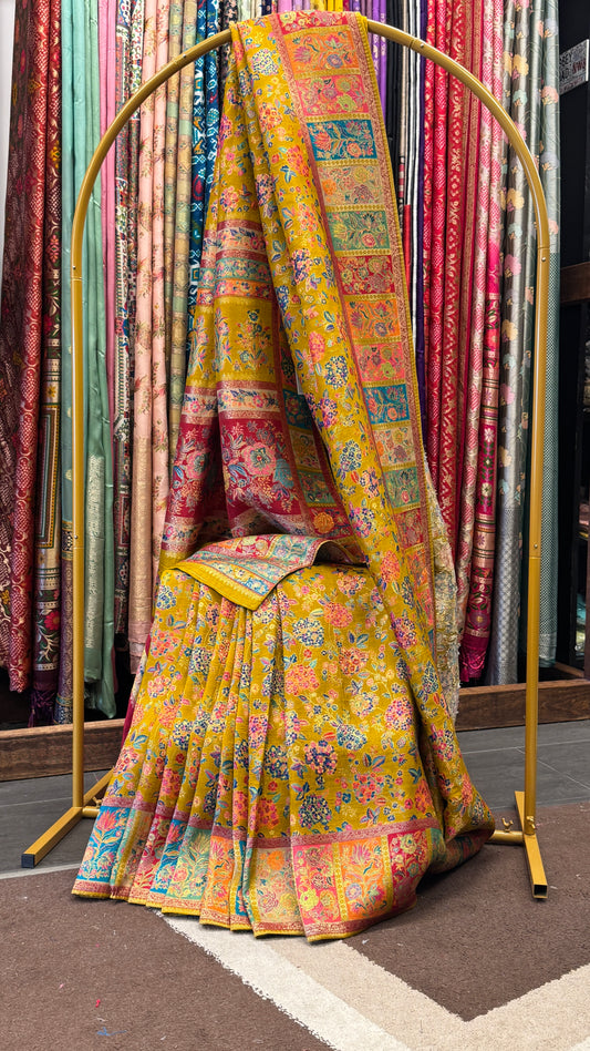 A Kashmiri Pashmina Banarasi Handwoven Storytelling Sarees - Mustard