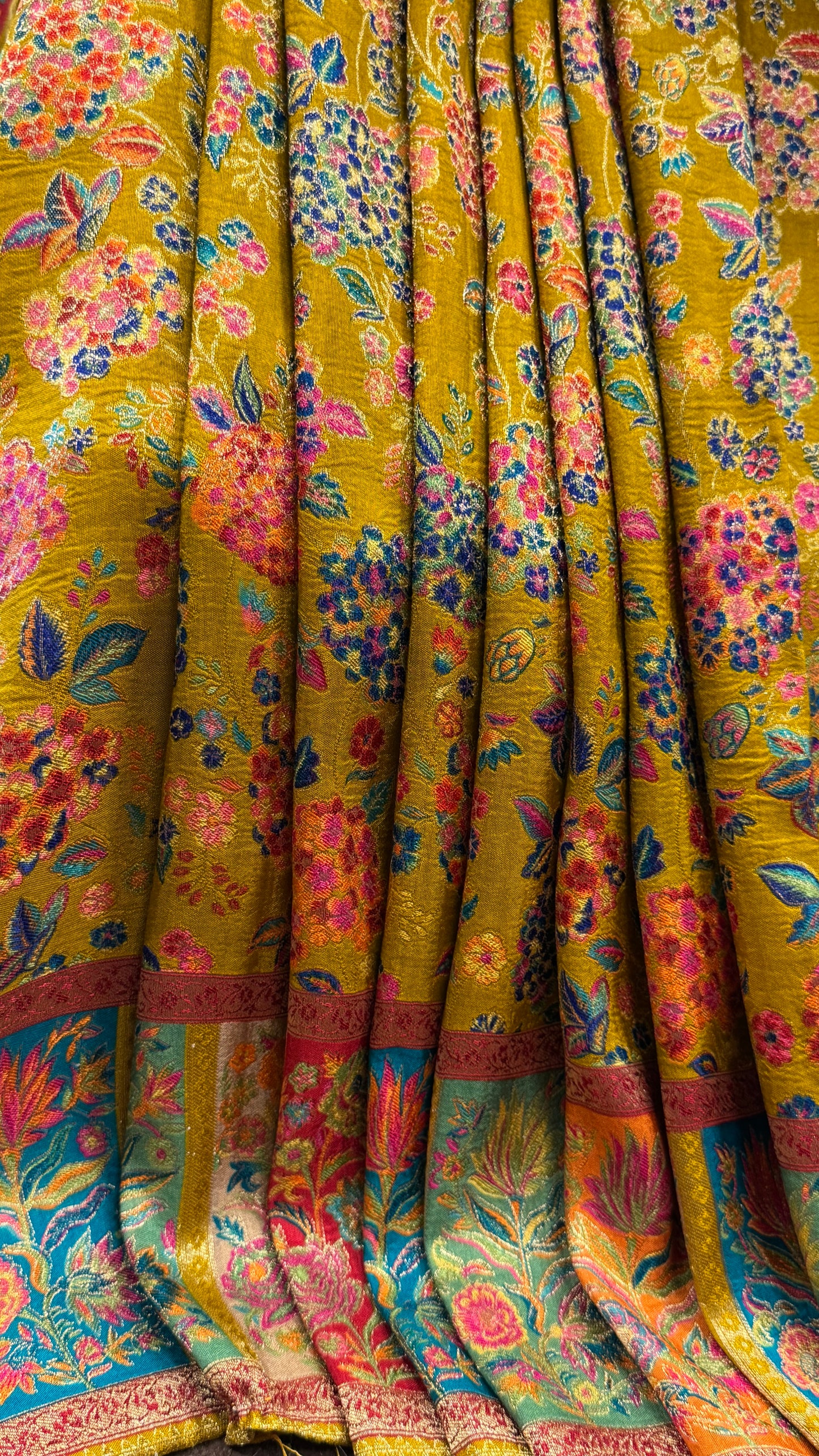 A Kashmiri Pashmina Banarasi Handwoven Storytelling Sarees - Mustard