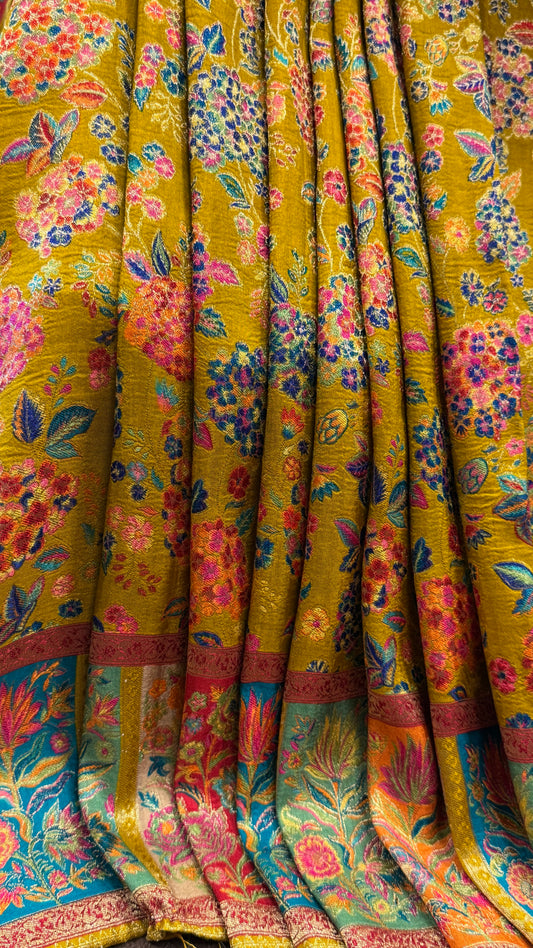 A Kashmiri Pashmina Banarasi Handwoven Storytelling Sarees - Mustard
