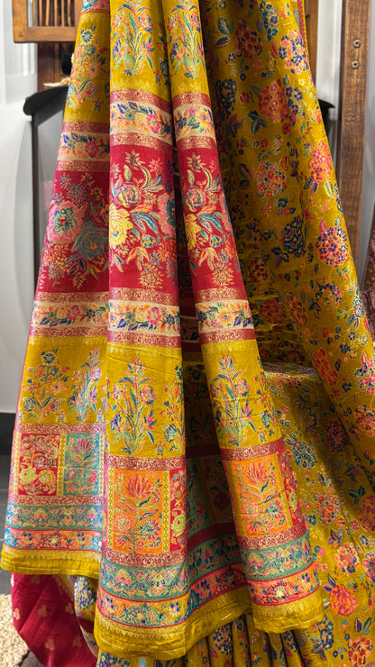 A Kashmiri Pashmina Banarasi Handwoven Storytelling Sarees - Mustard