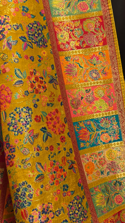 A Kashmiri Pashmina Banarasi Handwoven Storytelling Sarees - Mustard