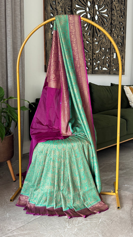 Raw Banarasi Handloom – Rama green with Wine