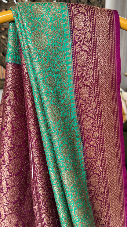 Raw Banarasi Handloom – Rama green with Wine