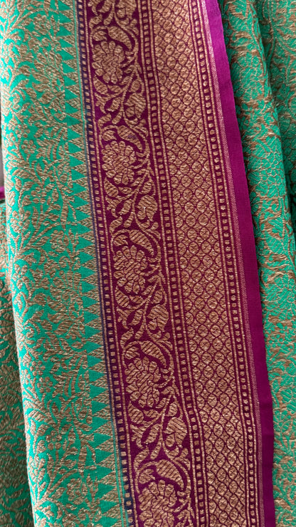 Raw Banarasi Handloom – Rama green with Wine