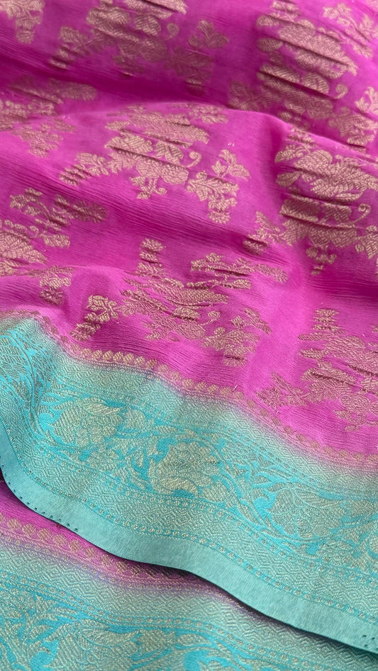 Georgette Silk Crushed Banarasi Saree – Candy Pink with Ice Blue Border