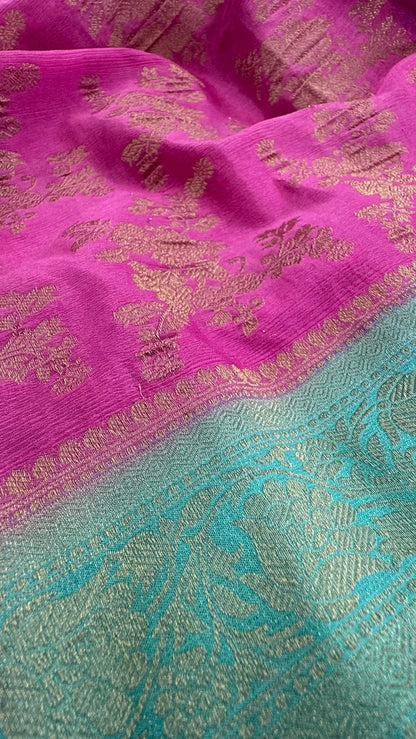 Georgette Silk Crushed Banarasi Saree – Candy Pink with Ice Blue Border