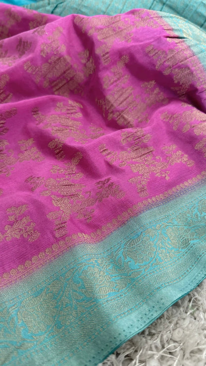 Georgette Silk Crushed Banarasi Saree – Candy Pink with Ice Blue Border