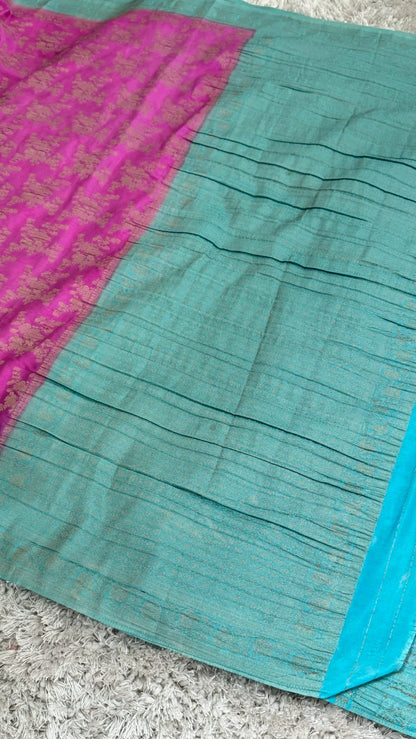 Georgette Silk Crushed Banarasi Saree – Candy Pink with Ice Blue Border