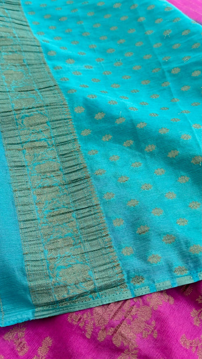 Georgette Silk Crushed Banarasi Saree – Candy Pink with Ice Blue Border