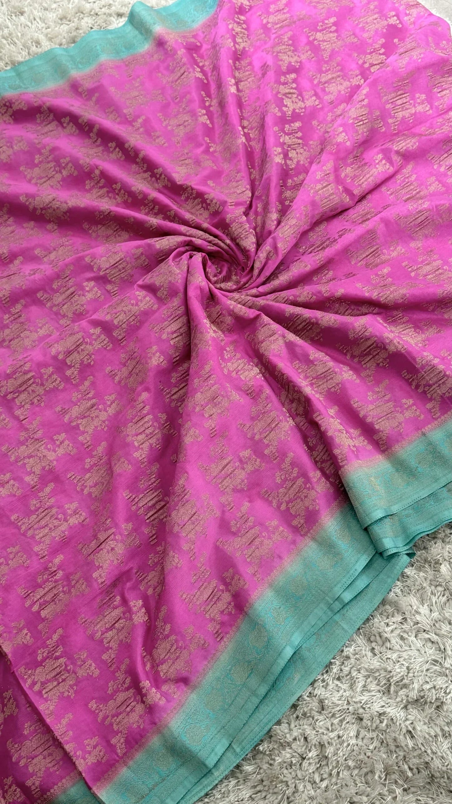 Georgette Silk Crushed Banarasi Saree – Candy Pink with Ice Blue Border