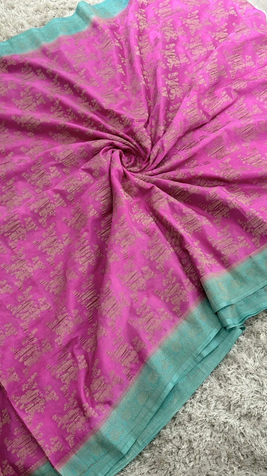 Georgette Silk Crushed Banarasi Saree – Candy Pink with Ice Blue Border