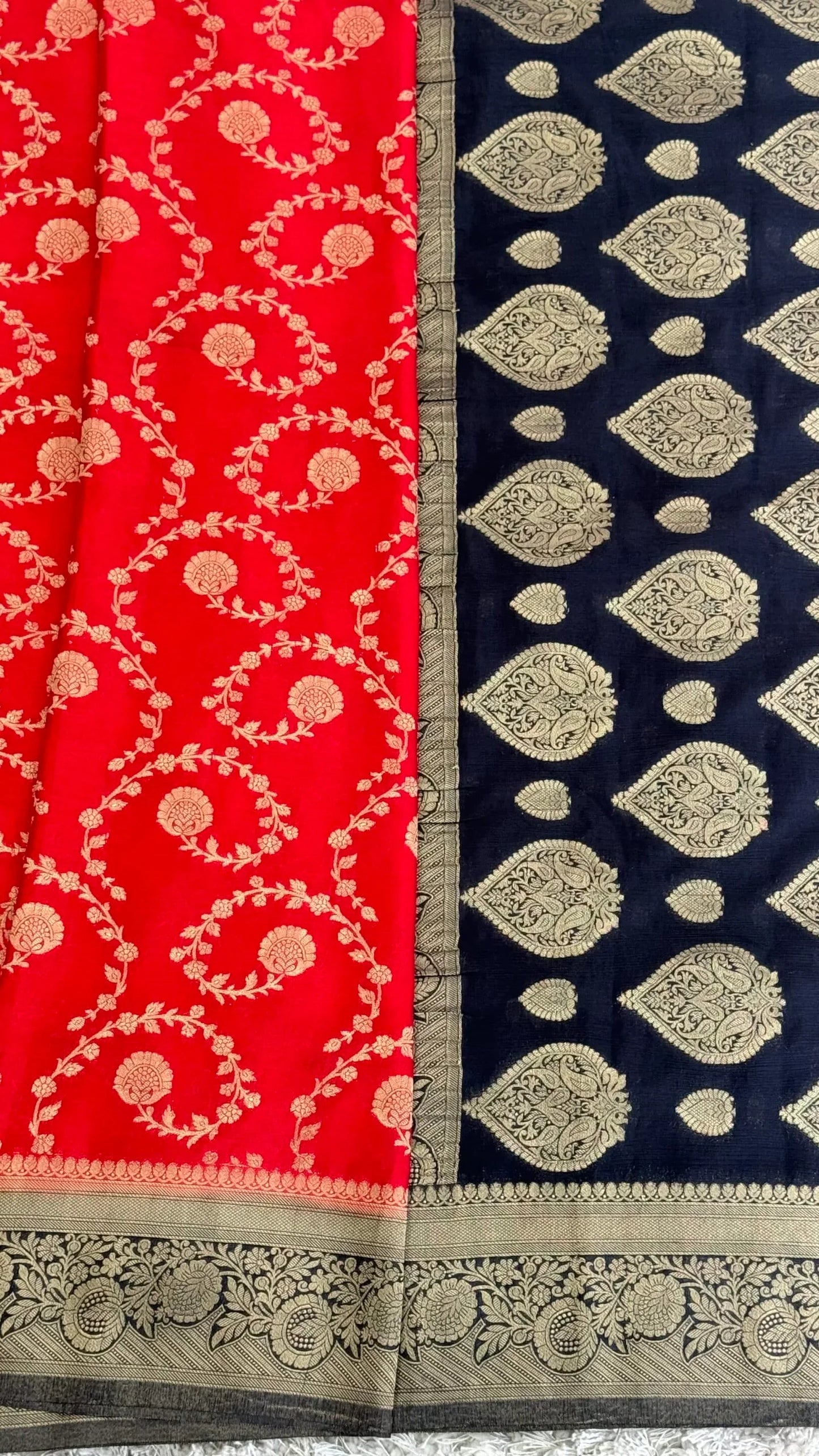 Pure Georgette Crepe Silk Banarasi Saree – Red with Black Border