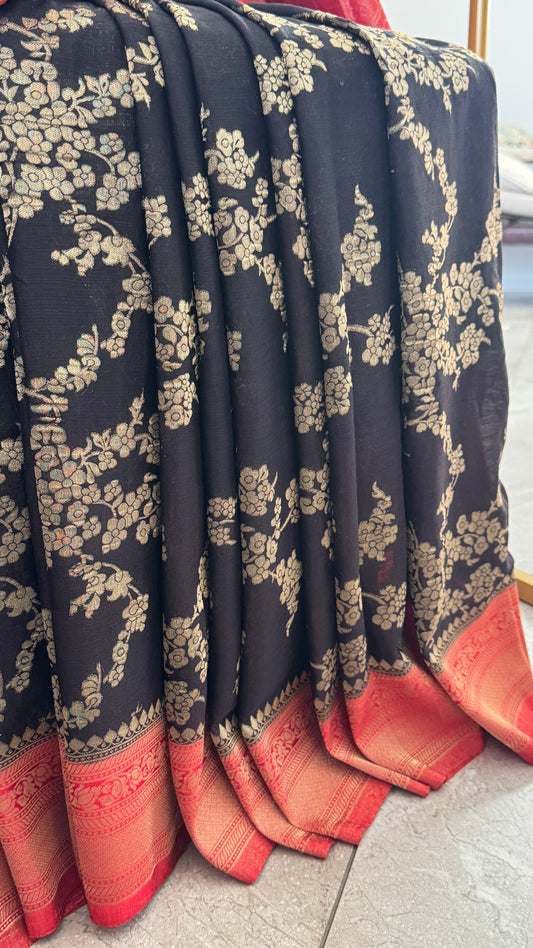 Georgette Silk Crushed Banarasi Saree – Black with Red Border