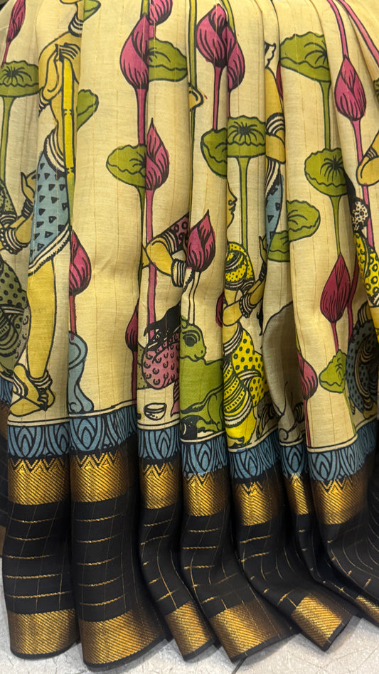 Handpainted Pen Kalamkari art on Pure Bangalore Silk