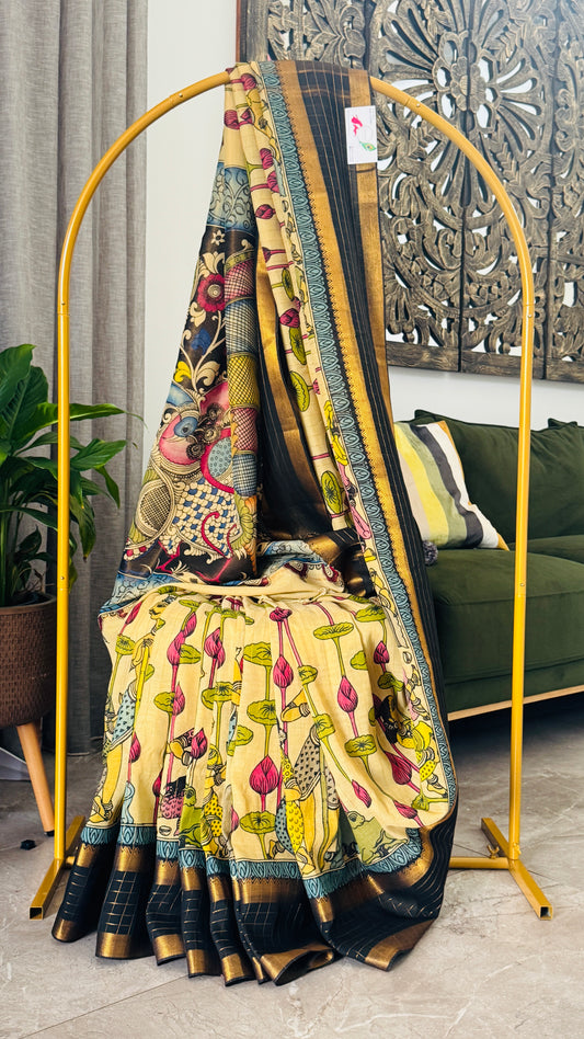 Handpainted Pen Kalamkari art on Pure Bangalore Silk