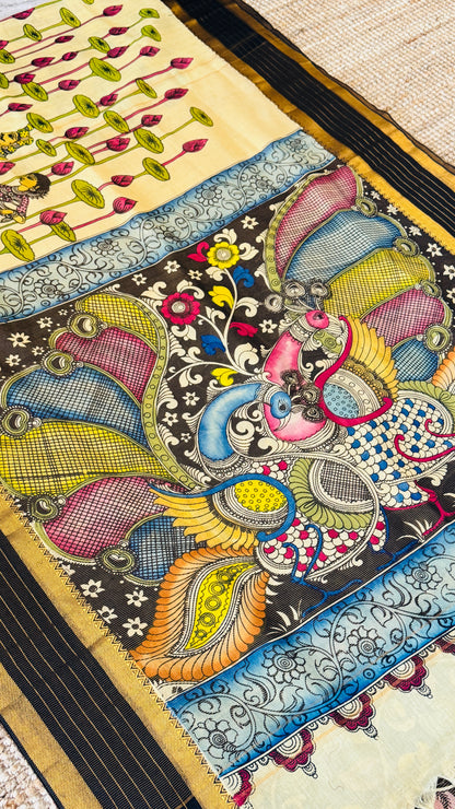 Handpainted Pen Kalamkari art on Pure Bangalore Silk