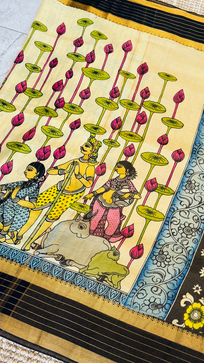 Handpainted Pen Kalamkari art on Pure Bangalore Silk