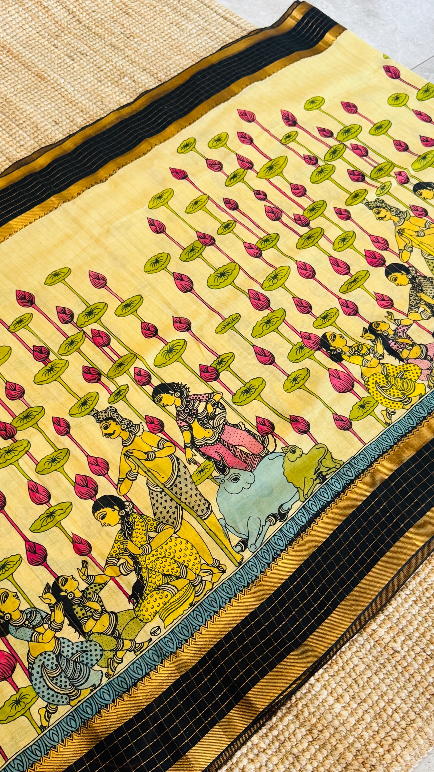 Handpainted Pen Kalamkari art on Pure Bangalore Silk