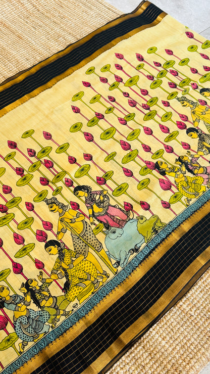 Handpainted Pen Kalamkari art on Pure Bangalore Silk