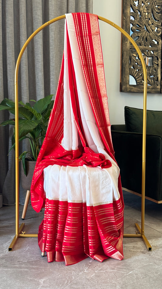Pure Crepe silk saree – White and Red