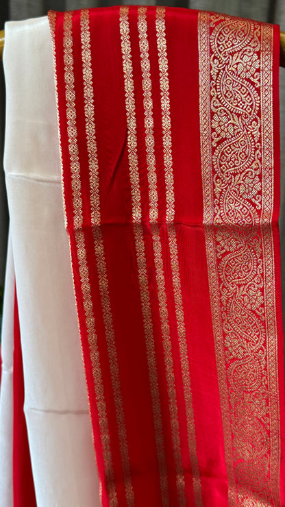 Pure Crepe silk saree – White and Red