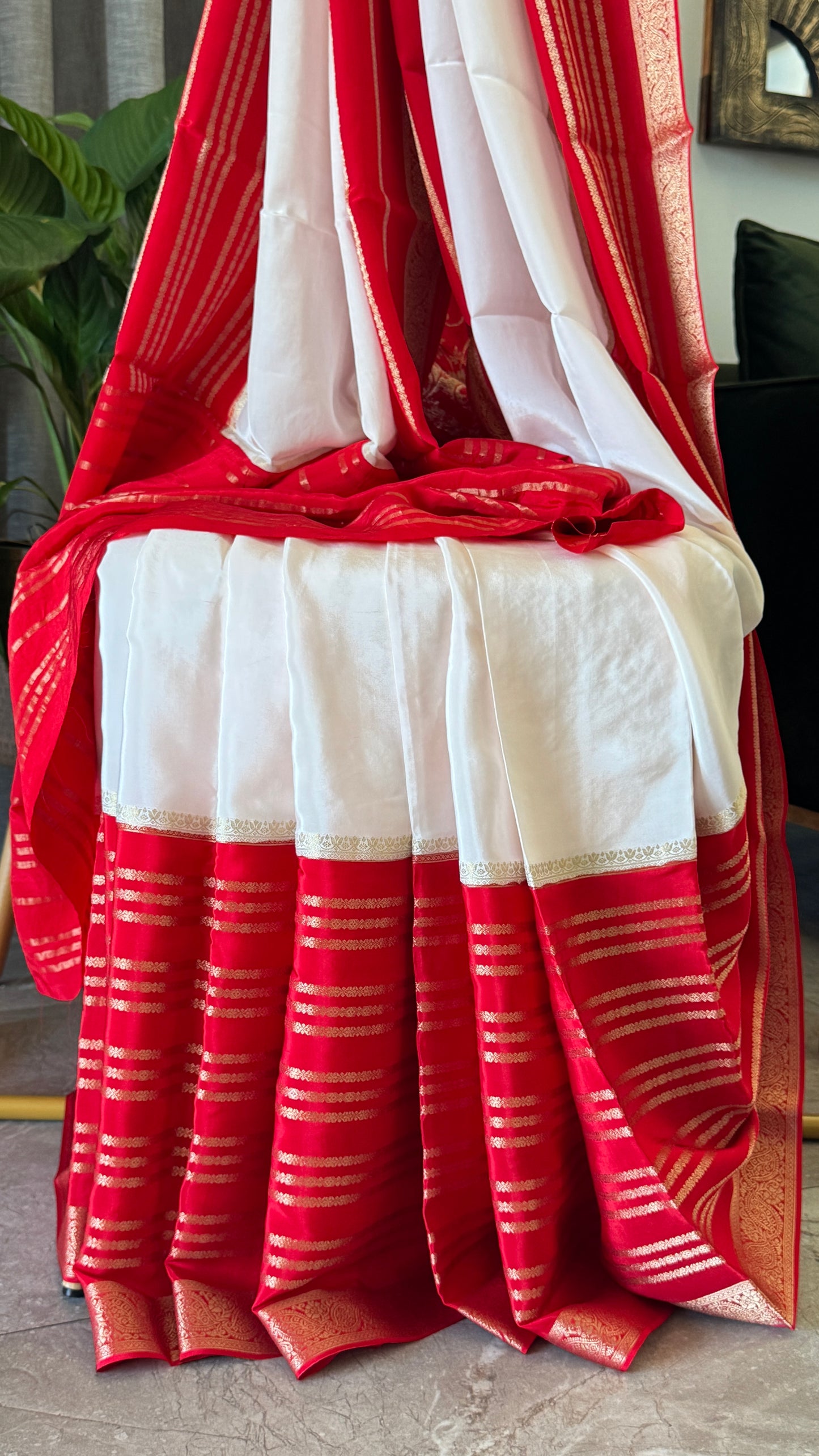 Pure Crepe silk saree – White and Red