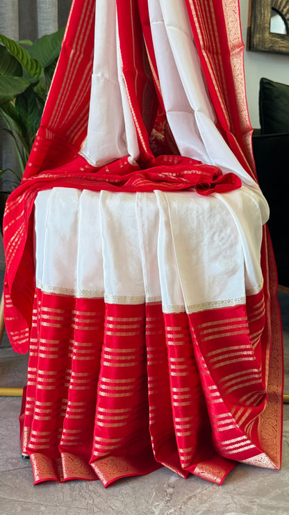 Pure Crepe silk saree – White and Red