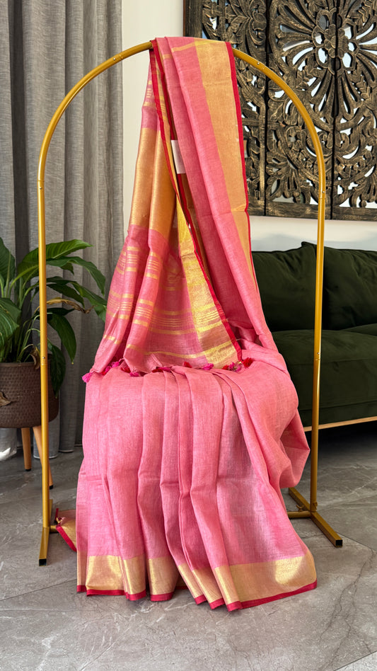 Pure Linen Saree - Pink